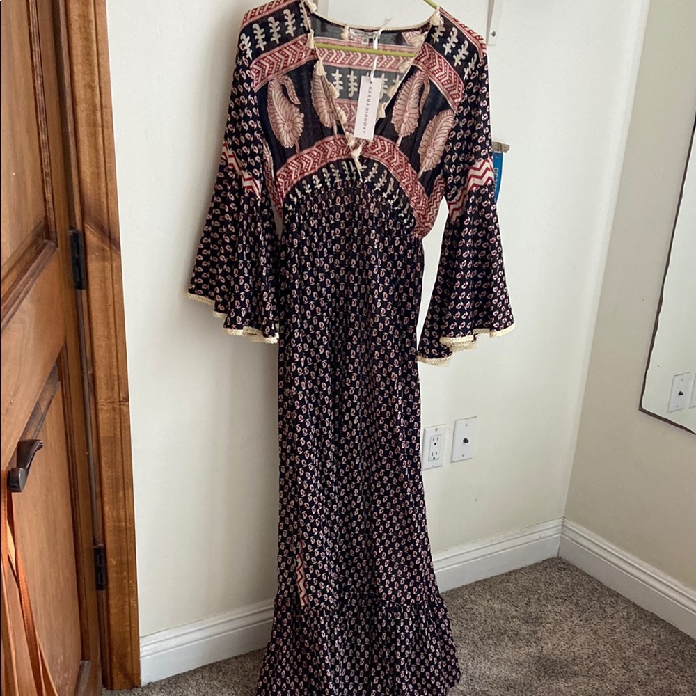 Pink and Black Ruffled Tiered Maxi Dress with Plunge Neckline